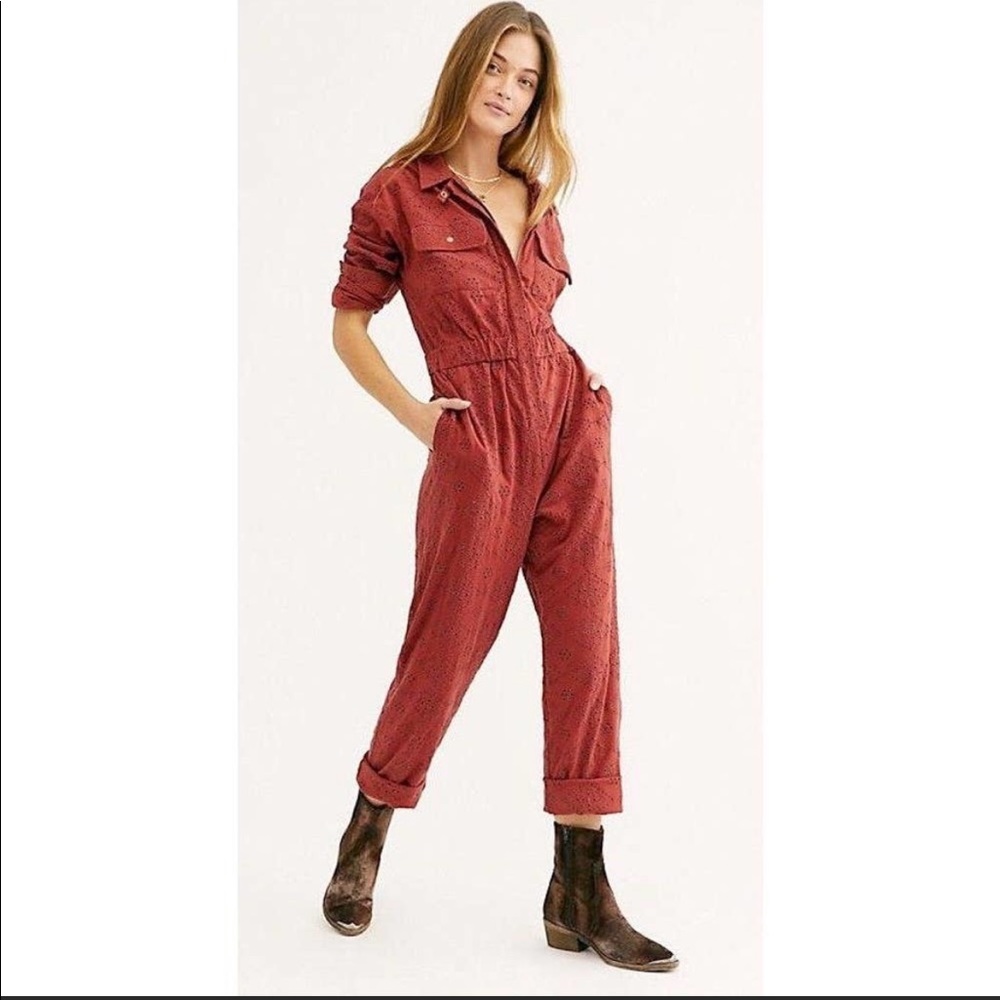 Free People Red Eyelet Coverall Embroider Jumpsuit